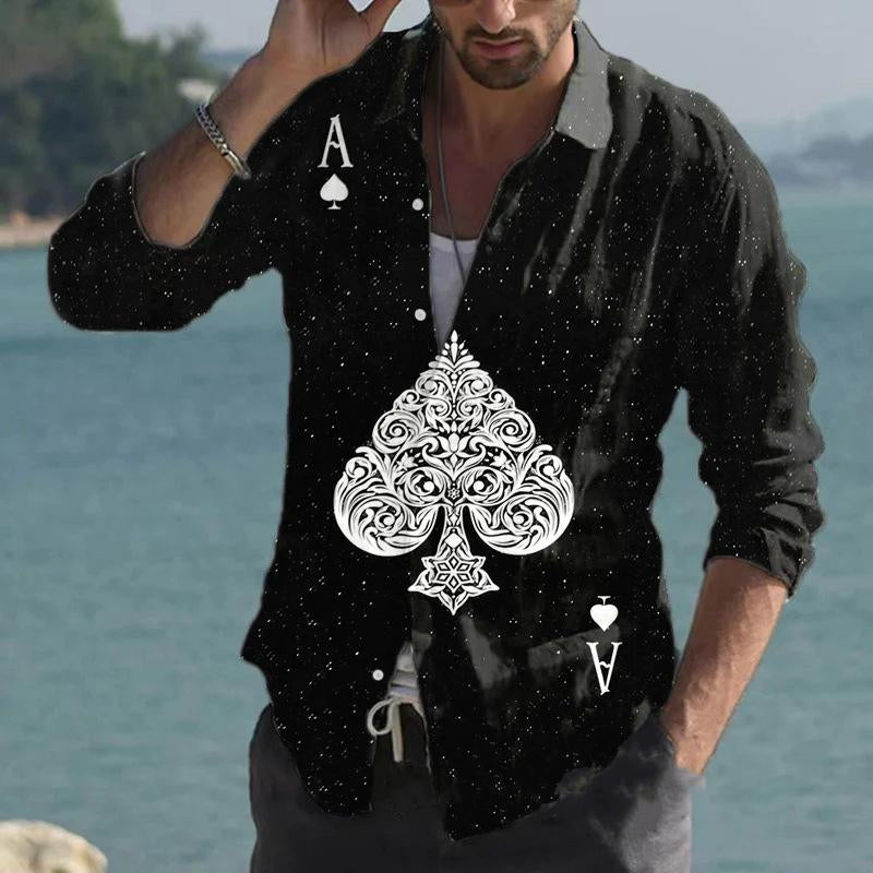 Men's Poker Print Long Sleeve Lapel Shirt 25049520X