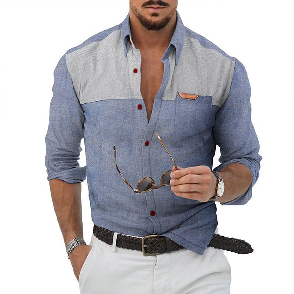 Men's Cotton and Linen Patchwork Pocket Shirt 39338247TO