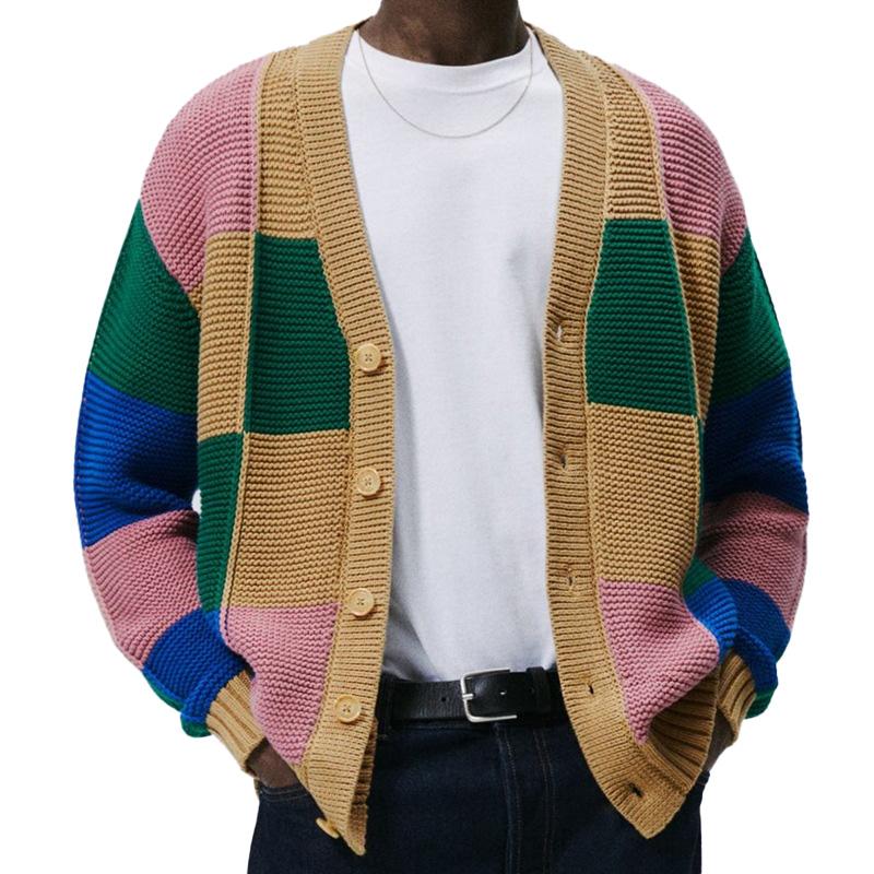 Men's Fashion Colorblock Single Breasted Long Sleeve Knit Cardigan 81050023M