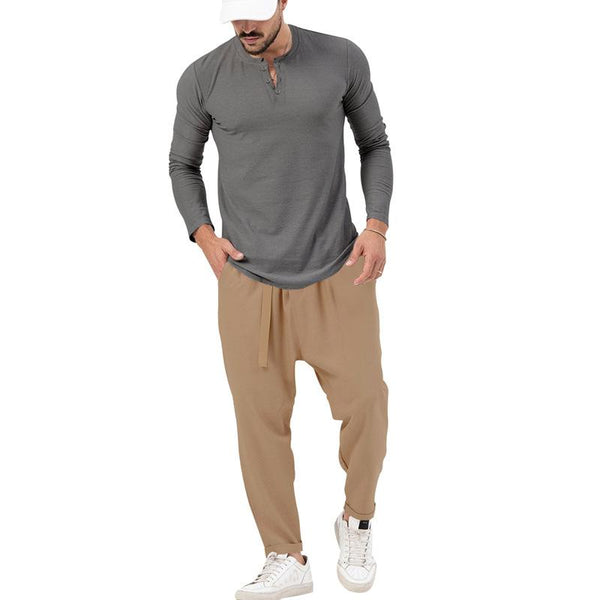 Ensemble t-shirt et pantalon Henley décontractés à manches longues de couleur unie pour hommes 72706978X