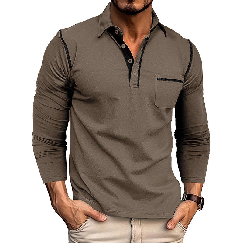 Men's Casual Colorblock Lapel Patch Pocket Long Sleeve Polo Shirt 87836608M