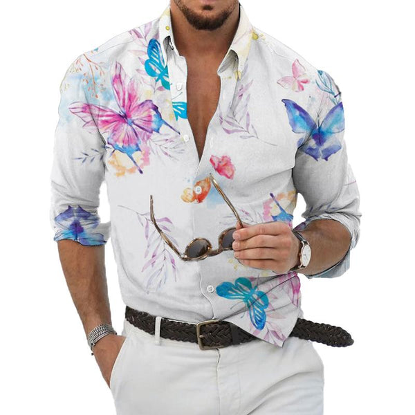 Men's Casual Butterfly Print Lapel Long Sleeve Shirt 81331072Y