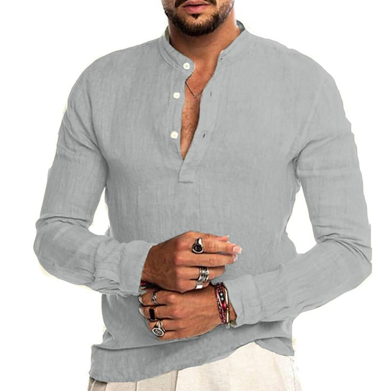 Men's Casual Cotton Linen Henley Collar Long Sleeve Shirt 55477511M