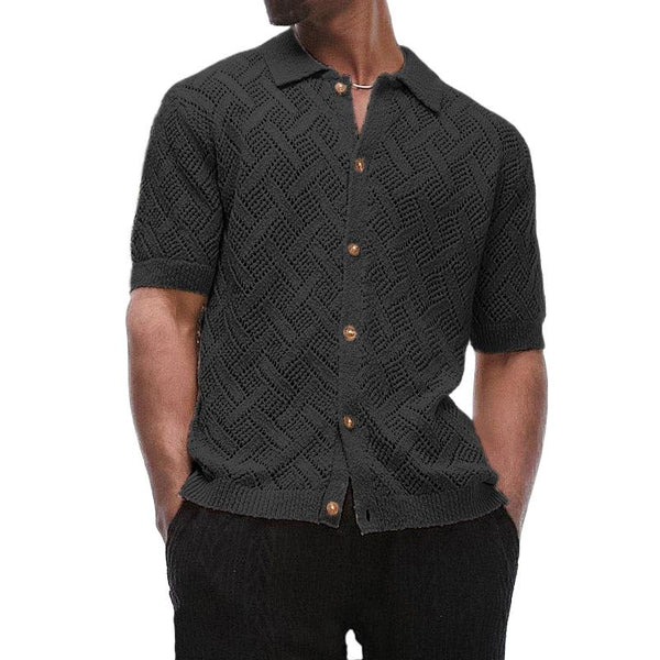 Men's Solid Hollow Out Lapel Short Sleeve Single Breasted Polo Shirt 45767669Z