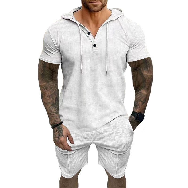 Men's Waffle Hooded Short Sleeve T-Shirt Shorts Set 47432865Y