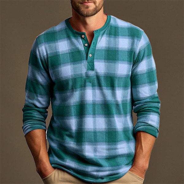 Men's Casual Check Print Henley Collar Long Sleeve T-Shirt 84040606Y