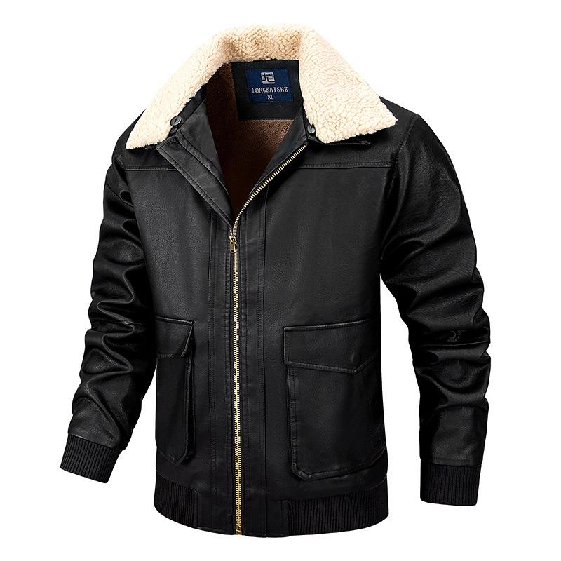 Men's Casual Plush Lapel Leather Jacket 18414490Y