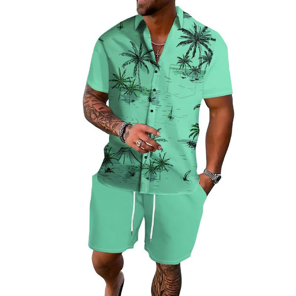 Men's Coconut Print Lapel Button Shirt Short Sleeve Board Shorts Set 98328277X