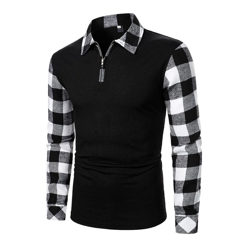 Men's Plaid Contrast Color Casual Long Sleeve Polo Shirt 98775410X