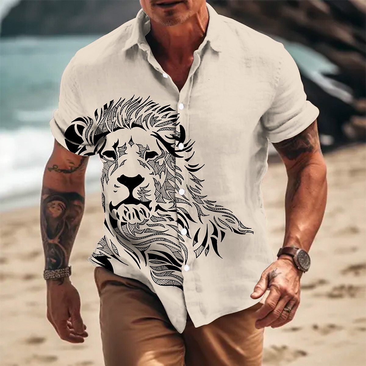 Men's Tiger Print Lapel Short Sleeve Shirt 00275490U