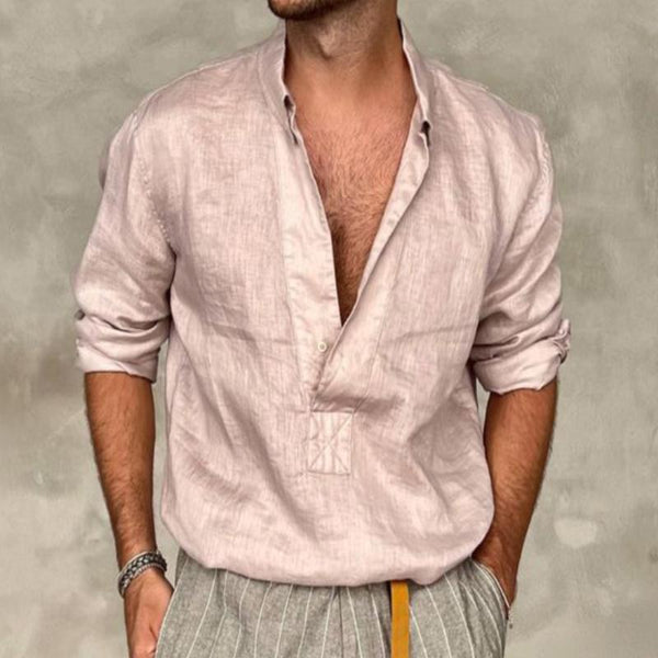 Men's Vintage Cotton and Linen Lapel Long Sleeve Shirt 38780084TO