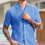 Men's Casual Solid Color Breathable Knitted Lapel Short-Sleeved Cardigan 49193773M