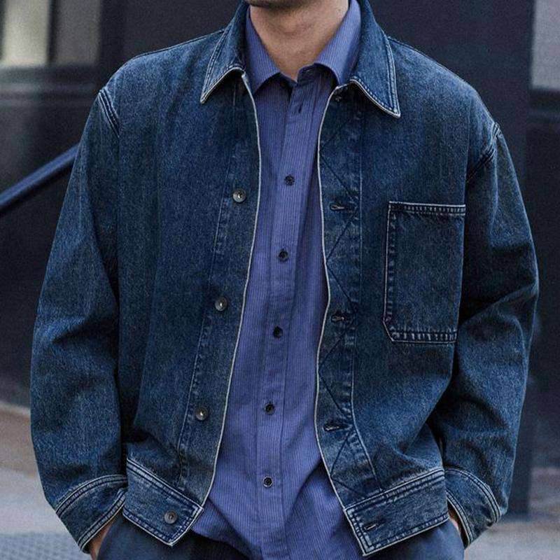 Men's Dark Blue Washed Button Jacket 13032738U