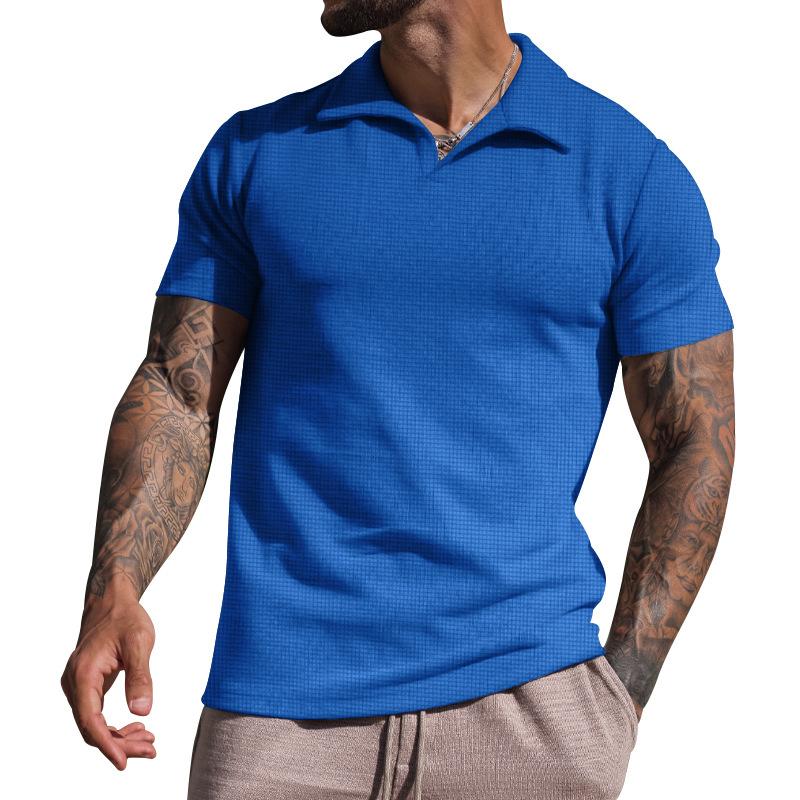 Men's Waffle Loose Short Sleeve Solid Color Casual Lapel Polo Shirt 49265793Z