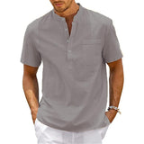 Men's Solid Color Cotton And Linen Henley Collar Short Sleeve Shirt 35371852Z