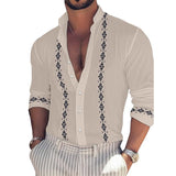 Men's Casual Stand Collar Printed Stitching Cotton Linen Long-Sleeved Shirt 30268111M