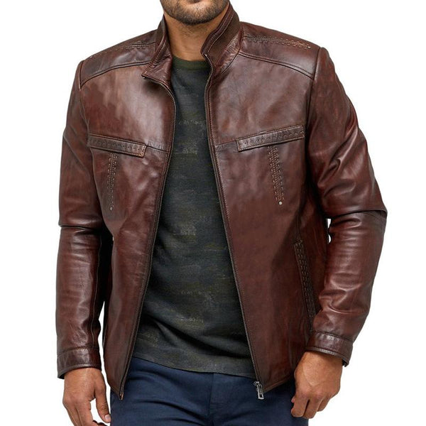 Men's Vintage Crimson Zipper Leather Jacket 80200483U