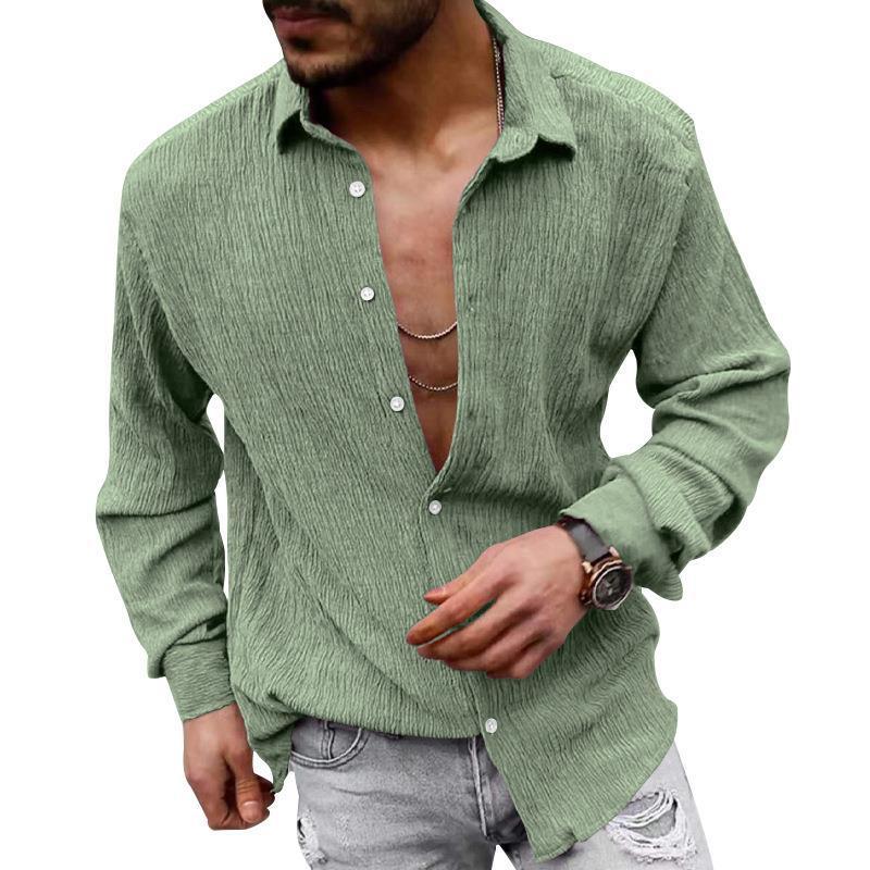 Men's Solid Loose Linen Lapel Long Sleeve Shirt 01526129Z