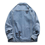 Men's Fashion Cross Patch Lapel Single Breasted Denim Jacket 84136194M