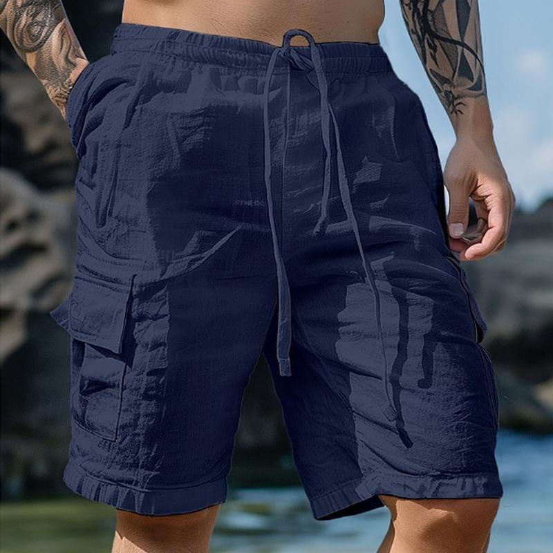 Men's Solid Color Cotton And Linen Drawstring Beach Shorts 22879452Y