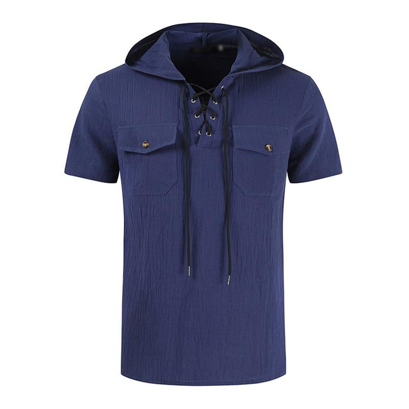 Men's Casual Cotton Linen Lace-up Pullover Flap Pocket Short-sleeved Hoodie 75499303M