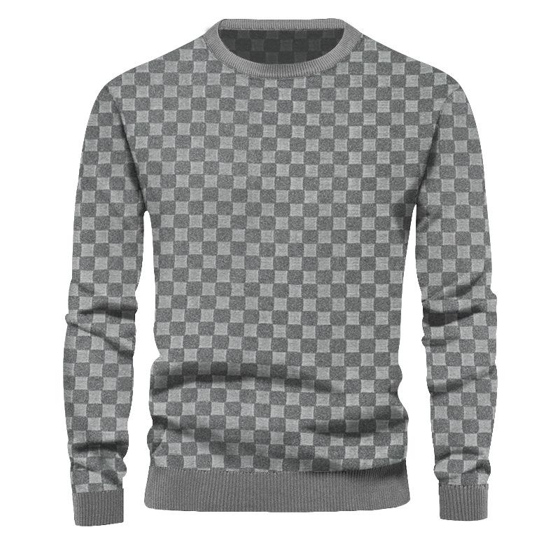 Men's Checkerboard Crew Neck Knitted Long Sleeve Sweatshirt 63722965X