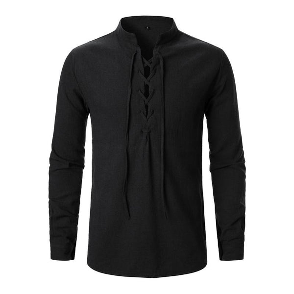 Men's Cotton and Linen Lace-up Casual Long-sleeved Shirt 63529919U