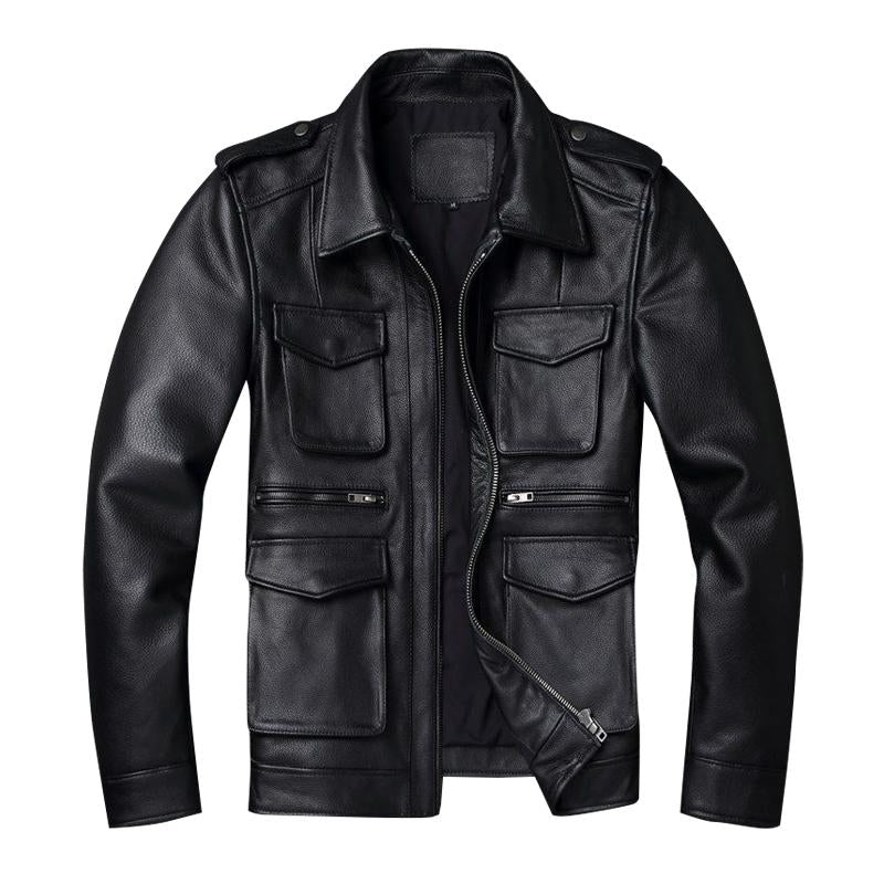Men's Retro Motorcycle Multi-Pocket Lapel Leather Jacket 41655772Y