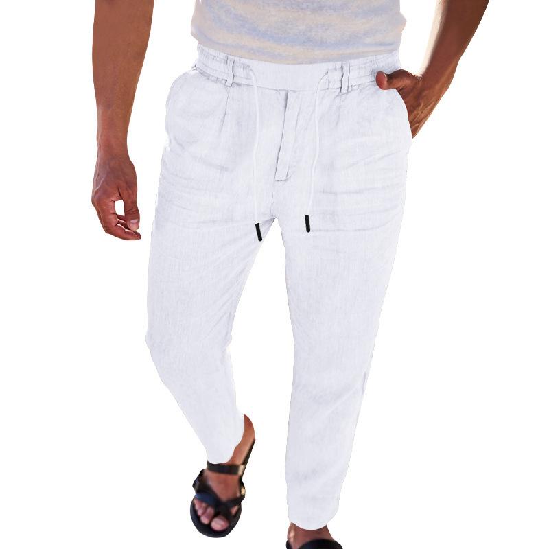 Men's Solid Color Cotton and Linen Drawstring Straight Pants 13578529X