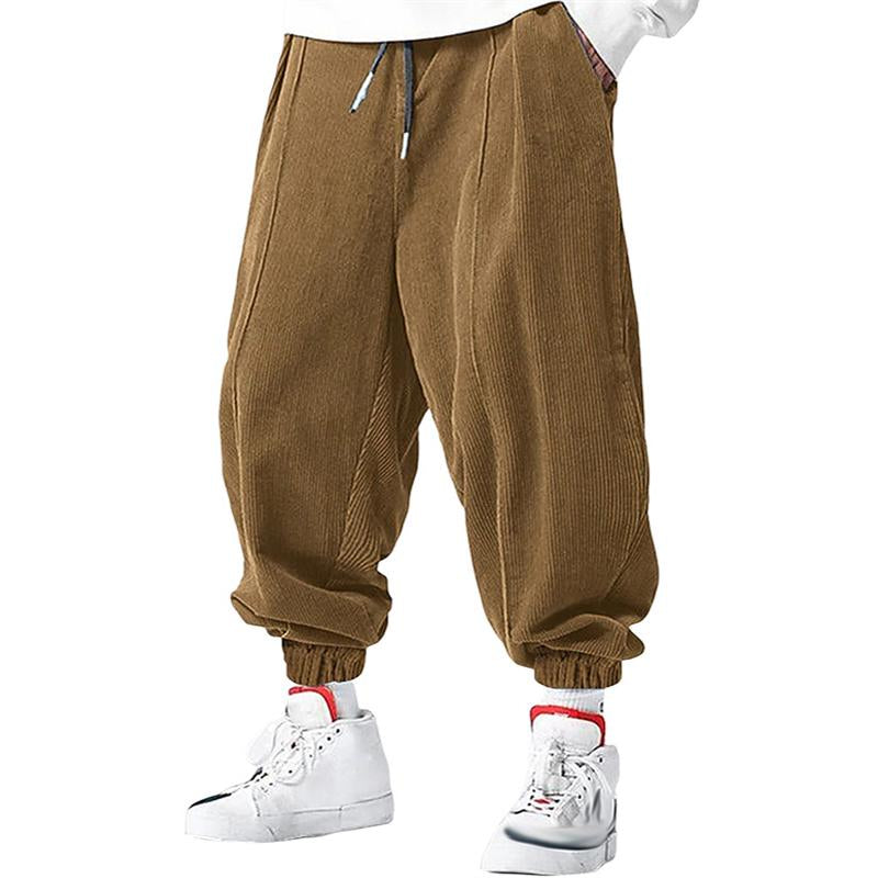 Men's Casual Solid Color Corduroy Elastic Waist Loose Cuff Pants 89066203M