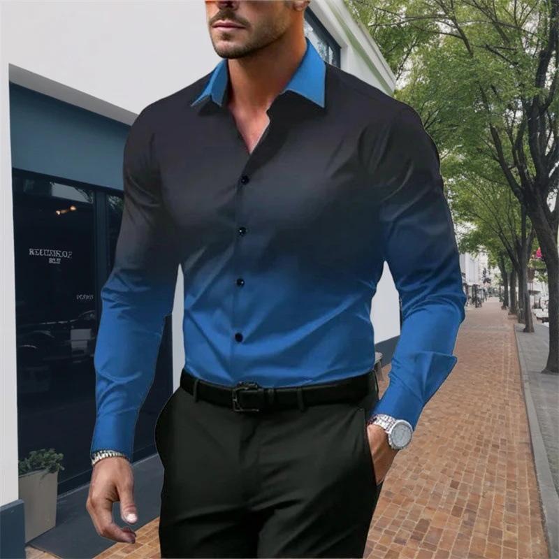 Men's Gradient Lapel Button Loose Long Sleeve Shirt 28602919X