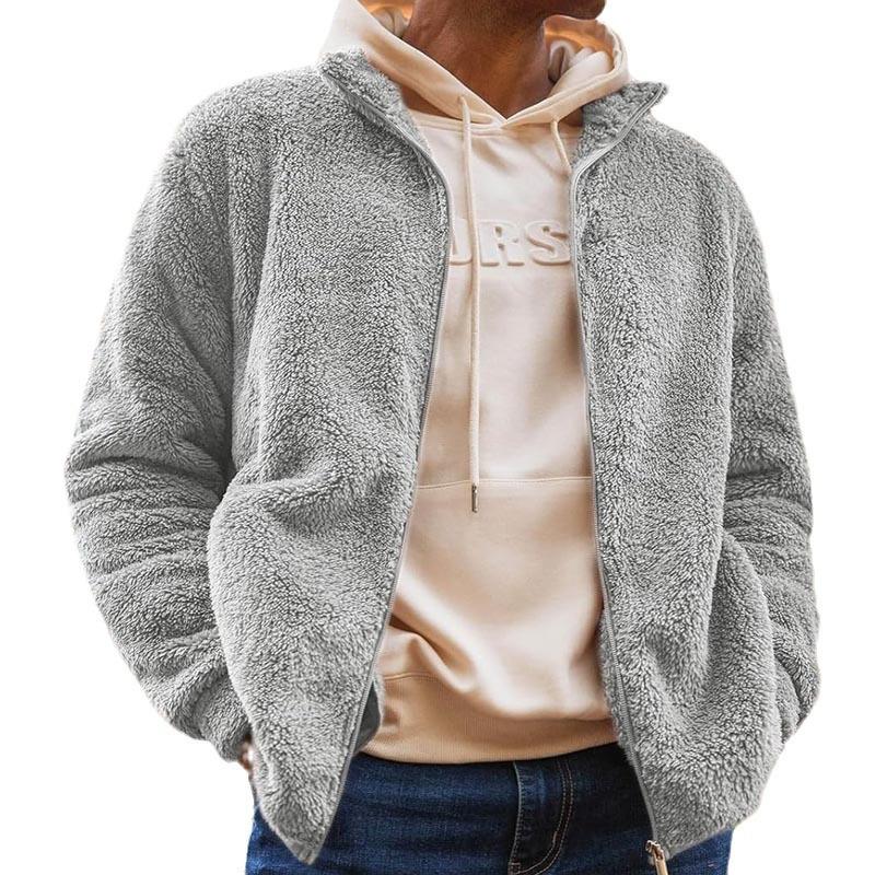 Men's Casual Solid Color Plush Hooded Zipper Jacket 33884749Y