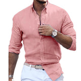 Men's Casual Cotton Linen Solid Color Long Sleeve Lapel Shirt 29530875M