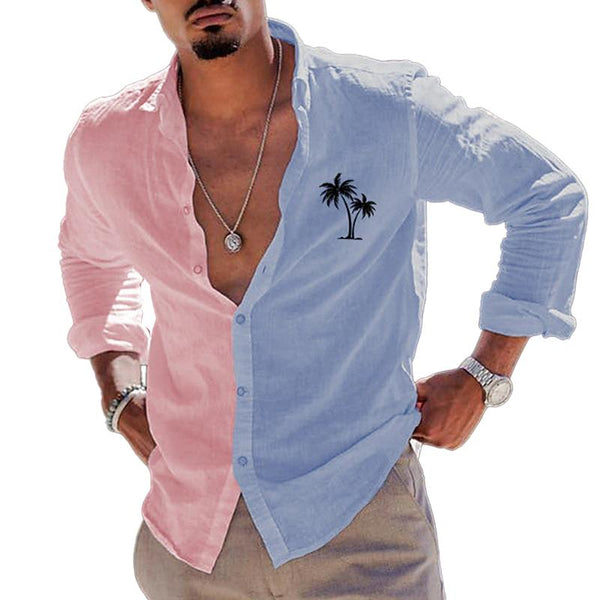 Men's Beach Casual Coconut Tree Print Color Block Long Sleeve Shirt 04276205Y