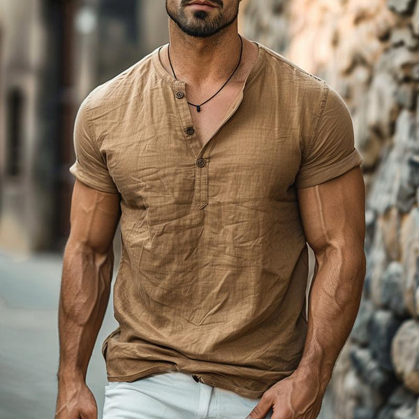 Men's Casual Henley Collar Cotton Linen Slim Fit Short Sleeve Shirt 20403497M