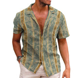 Men's Casual Retro Striped Cuban Collar Short Sleeve Shirt 24298644TO