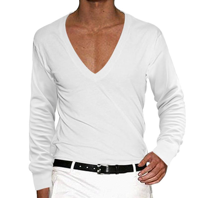 Men's Casual V Neck Solid Color Slim Long Sleeve T-Shirt 11701217M