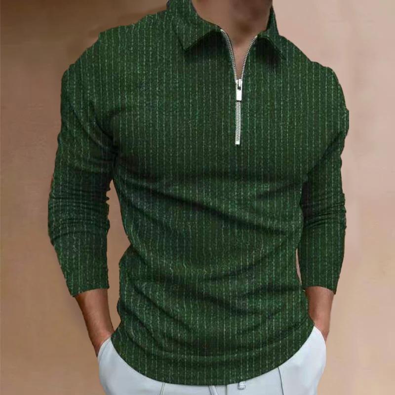 Men's Casual Solid Color Zipper Lapel Long Sleeve POLO Shirt 58865860Y