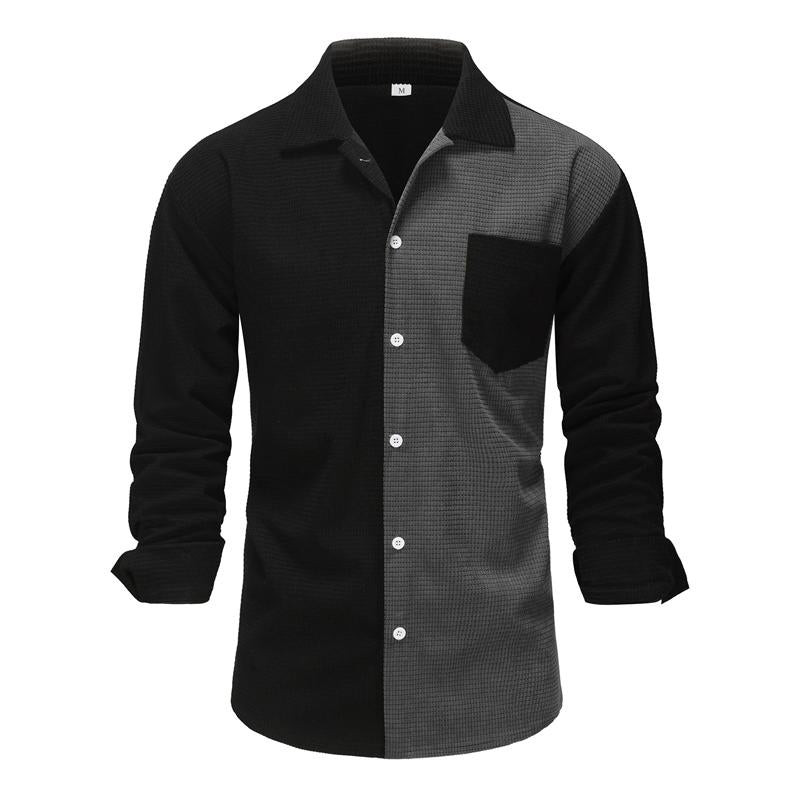 Men's Color Block Long Sleeve Corn Check Corduroy Lapel Shirt 53131486X