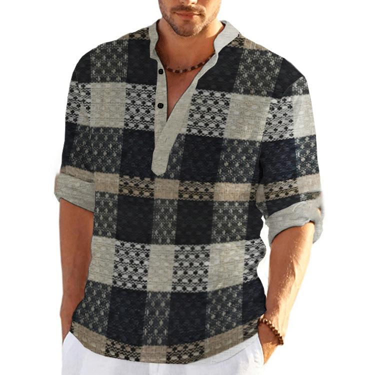 Men's Casual Loose Printed Cotton And Linen Stand Collar Long Sleeve Shirt 82174855K