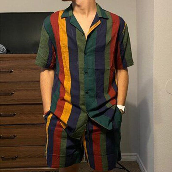 Men's Casual Rainbow Striped Short-sleeved Two-piece Set 41022272TO