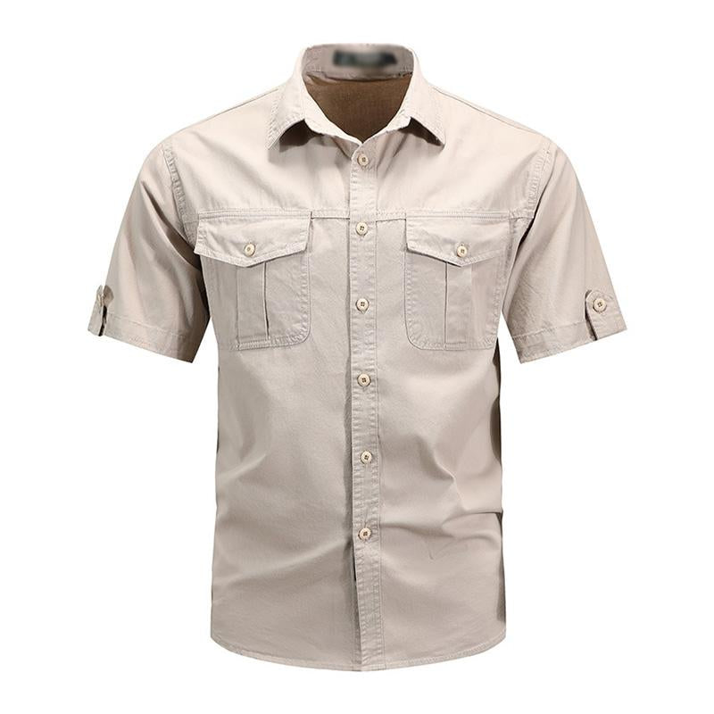 Men's Casual Loose Cotton Lapel Short-Sleeved Work Shirt 95101283M