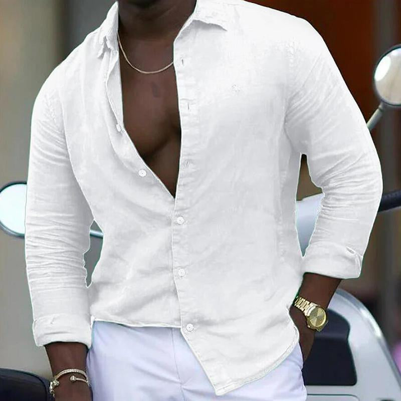 Men's Casual Cotton Linen Solid Color Lapel Long Sleeve Shirt 37815754M