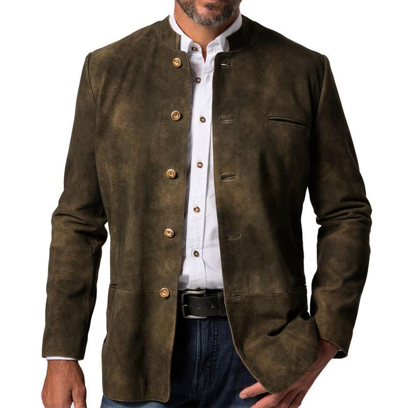 Men's Vintage Distressed Leather Suede Stand Collar Jacket 04845863U