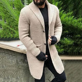 Men's Casual Solid Color Lapel Long Sleeve Mid-Length Knitted Cardigan 19980621M