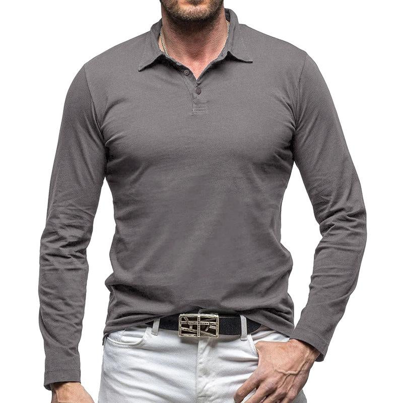 Men's Vintage Solid Color Long Sleeve Polo Shirt 60924488Y