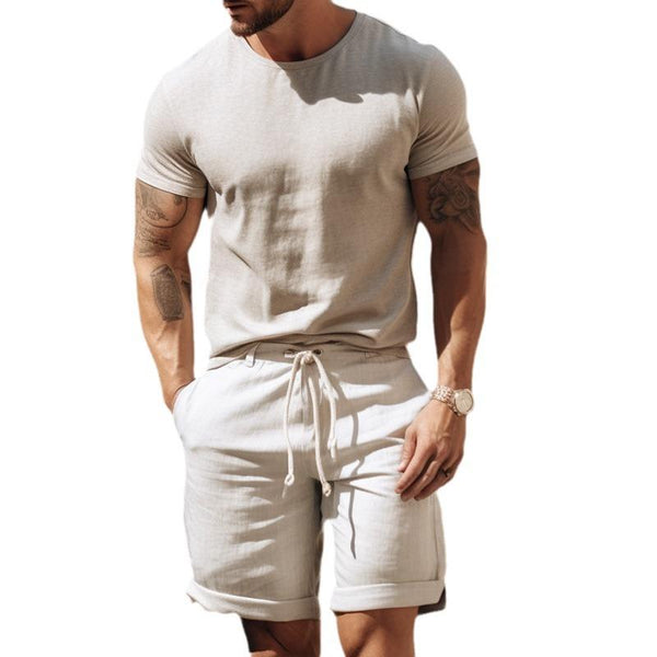 Men's Solid Color Round Neck Short Sleeve T-Shirt Shorts Set 09158360Y