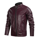 Men's Solid Color Stand Collar Leather Motorcycle Jacket 93017058X