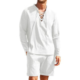 Men's Casual Solid Color Cotton Bandage Stand Collar Long Sleeve Shirt Shorts Set 59552911Y