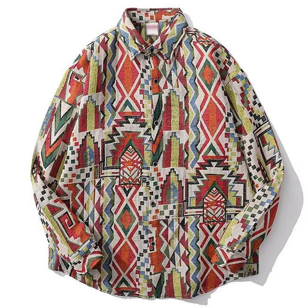 Men's Vintage Loose Ethnic Style Lapel Overshirt 44558268Y